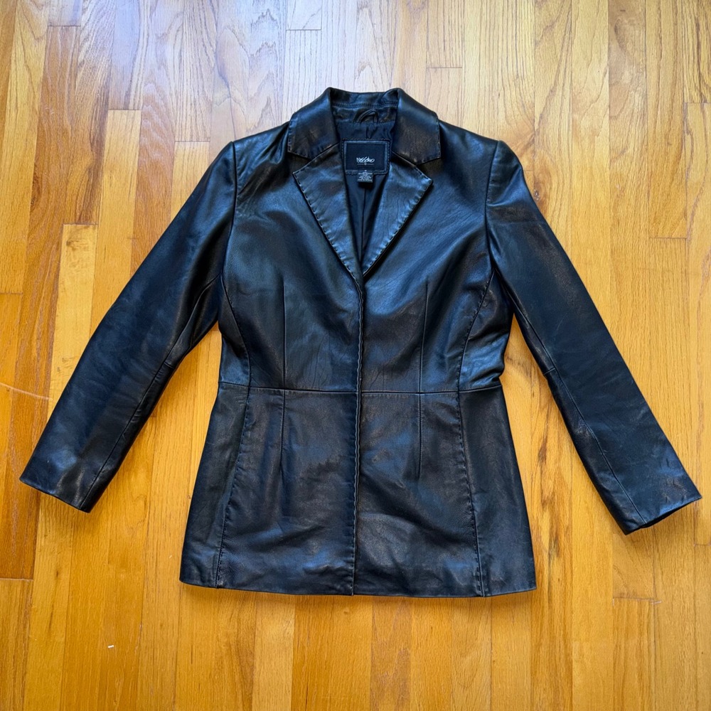 Vintage Mossimo Black Genuine Leather Blazer Jacket Womens S Pick Stitch Trim